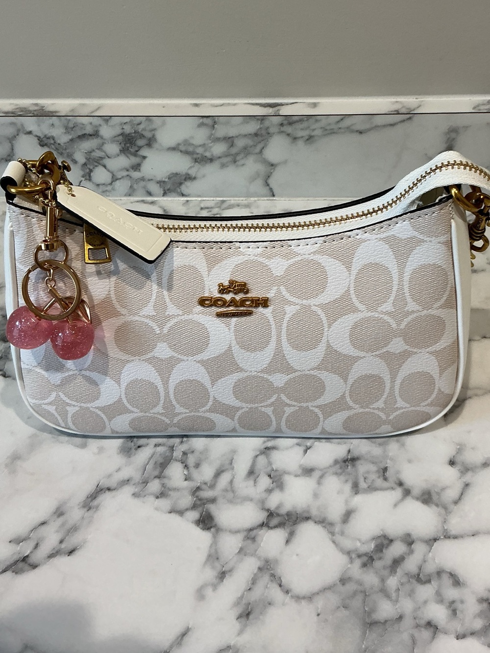 Coach Chalk & White Signature Mini Shoulder Bag with Gold Chain